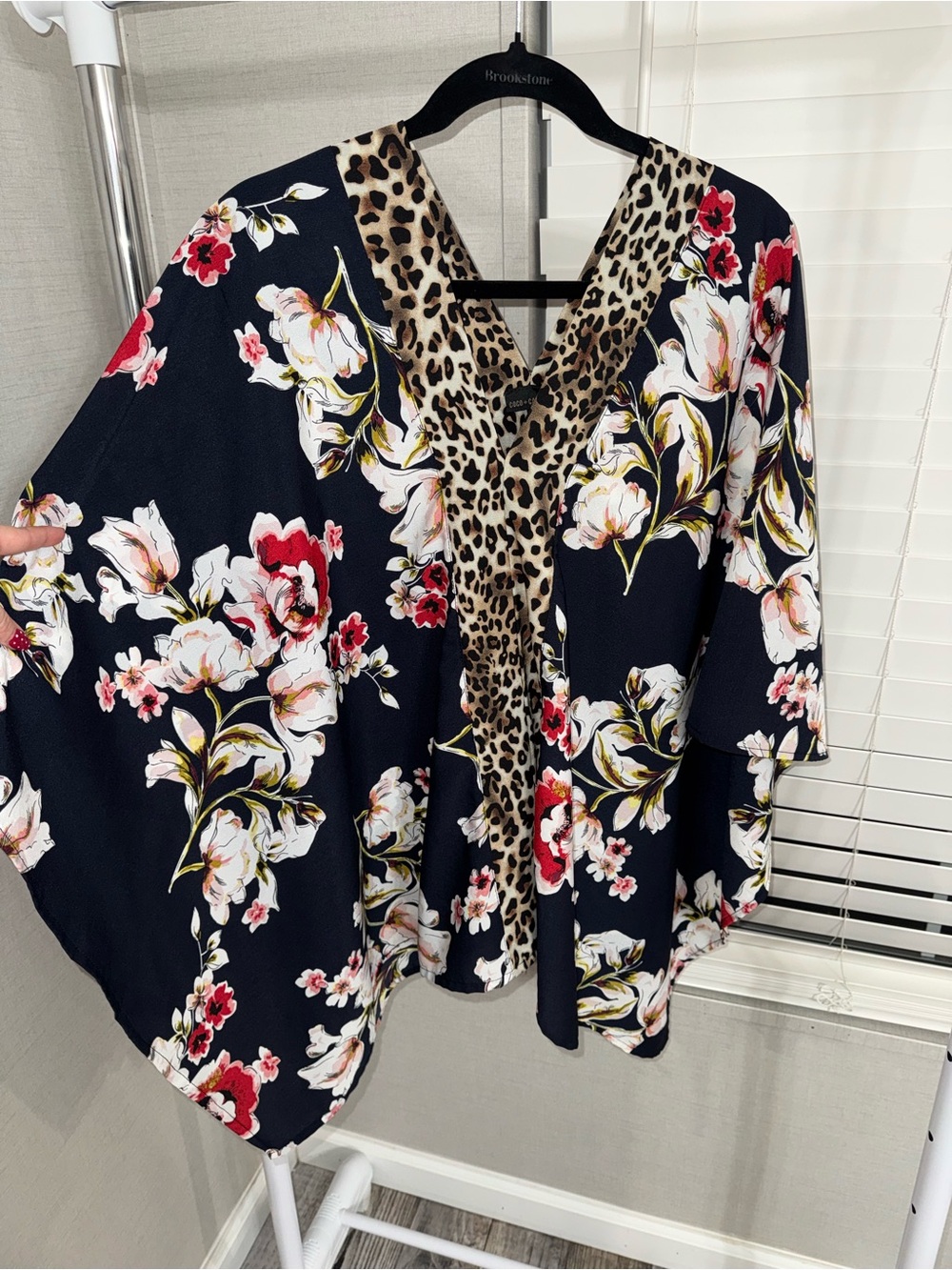 Coco + Carmen Black Floral Kimono with Leopard Trim